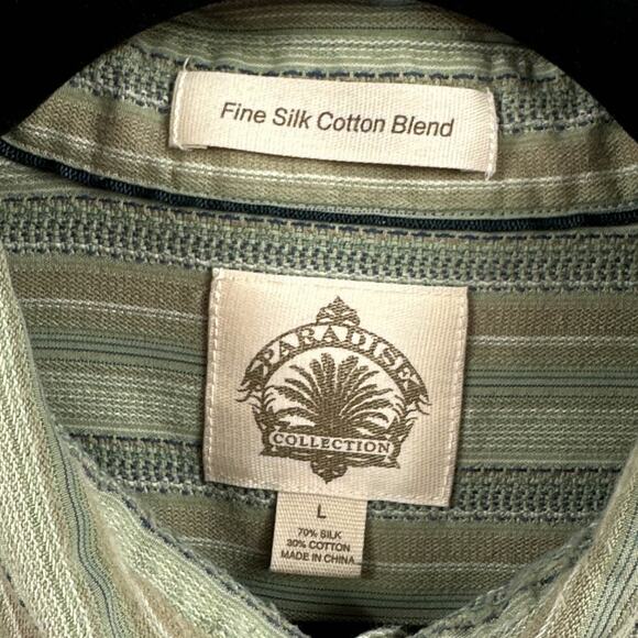 Paradise Collection Silk Shirt L Green Striped Preppy Hipster Dad Academia Retro - Picture 9 of 15